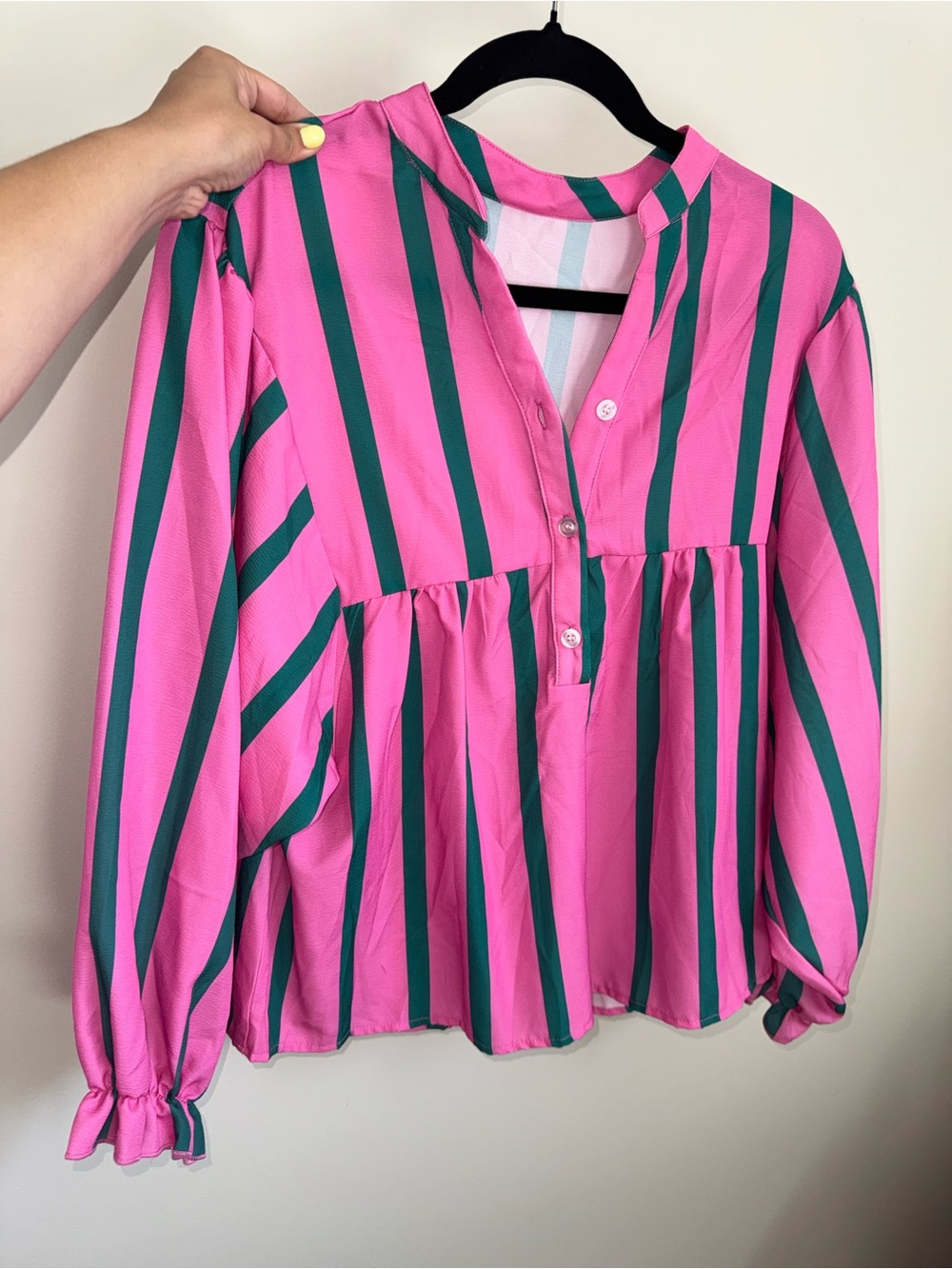 Pink & Green Striped Women's Blouse - Casual Top